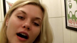 Toilet sex of naughty female and hairy guy ends with cum in mouth