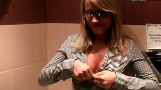 Nerdy Russian blonde blows friend's Ebony manhood in toilet