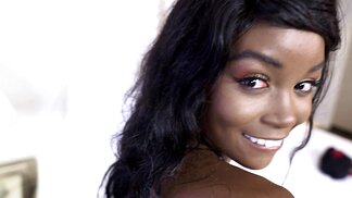 Playful petite black teen takes white cock on casting