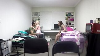Teen sexy girl sets camera on filming sex of roommates