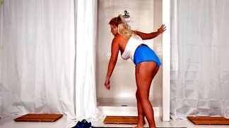 Curvaceous blonde fucked after masturbating solo in the shower