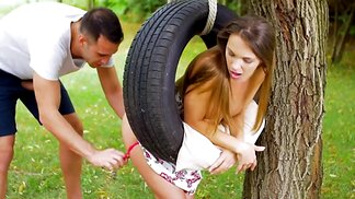 Hot Veronica receives cock in pink wet hole on the tire swing