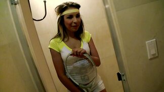 Playful cute teeny seduces hung coach in men's bathroom