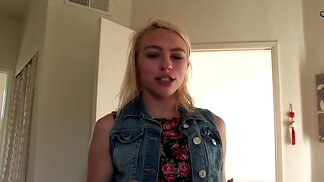 Dazzling blonde goes down to suck cameraman's pecker