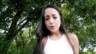 Choking on a cock and banging her man in a forest