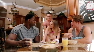 Dirty chick is having a foursome with three gifted studs