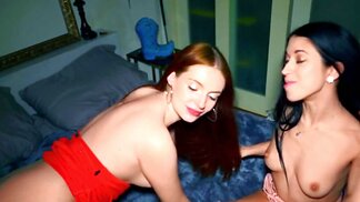 Brunette and bestie with red hair enjoy midnight threesome sex