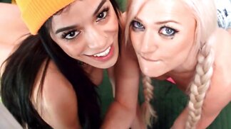 Cameraman gets it on with blonde and brunette girlfriends