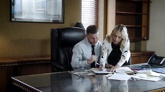 Blonde secretary is fucked in face and pussy by a horny boss