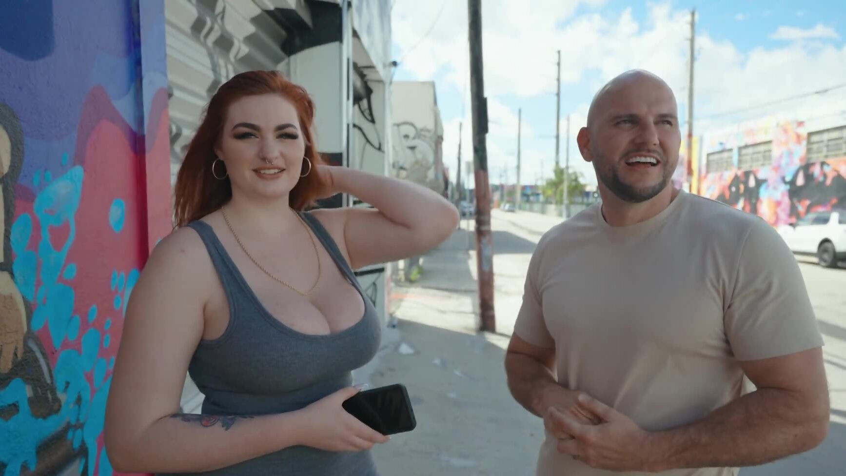 Bald stud fools around with curvaceous redhead in the streets - HD Porn Tube