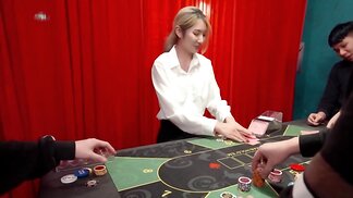 Kinky card dealer gets fucked behind the red curtain