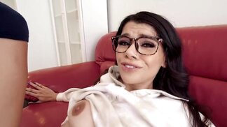 Cute teen wearing glasses and cucking a dude in POV