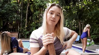 Juliette Mint sucks and rides a hard cock by the swimming pool