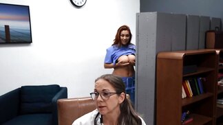 Busty brunette nurse gets a hard cock in the office
