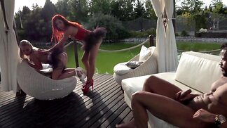 Redhead and blonde are entertaining this single guy before banging