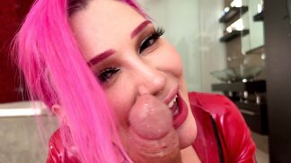 Busty girl in red latex gets fucked in a POV-style video