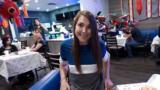 Cute brunette sneaks away in the bathroom to get fucked