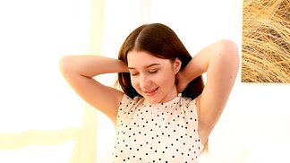 Petite brunette babe stroking clit until orgasms heavily