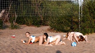 Seductive hot lesbians cums together on beach heavily