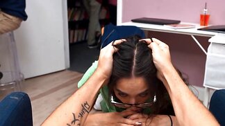 Horny petite cashier sucks and rides security buddy fat cock