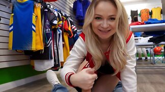 Big booty blonde teases a man for sex on the floor