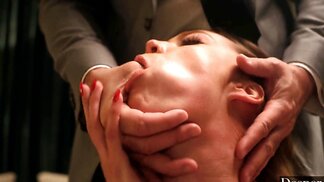 Thick blonde with natural boobs playing in the living room