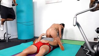 Daddy gets his dick sucked at the gym by a busty girl