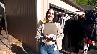 Busty brunette flashes tits and gets fucked at outdoor yard sale