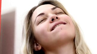 Thick blonde with a shaved muff really wants to orgasm