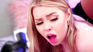 Blonde PAWG dildo drilled by a lesbian MILF in high-heel boots
