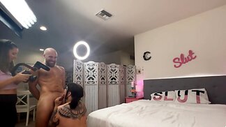 Wife films big dick husband dominating thick tattooed BBW on bed