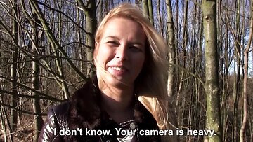 super sexy blond beauty gives a oral stimulation in the forest