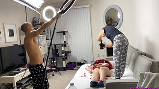 Busty blonde gets bent over and fucked while wife films